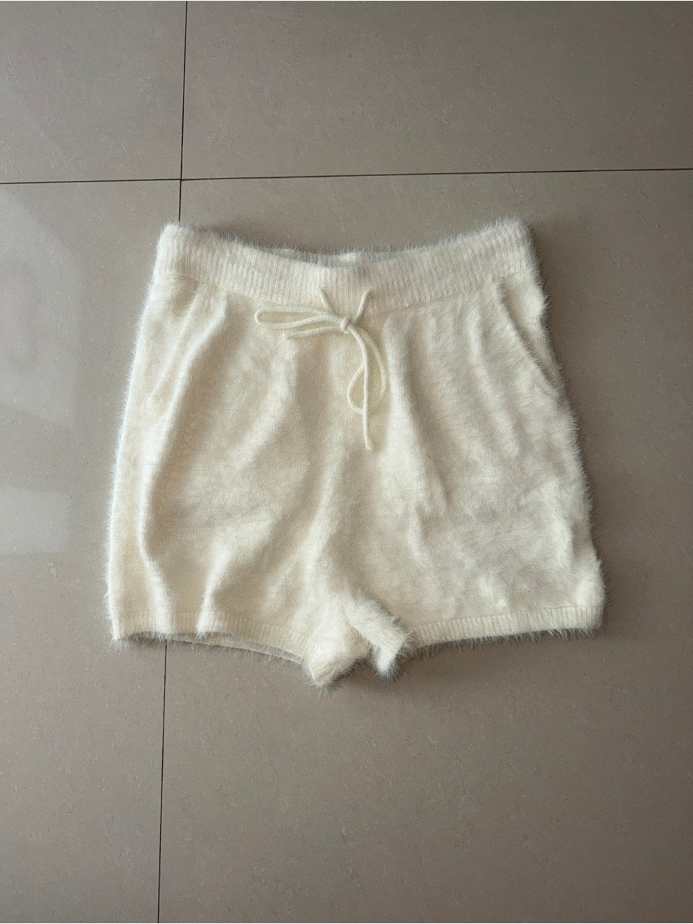 Meshki White/Cream Fuzzy Drawstring Shorts